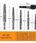 Six Piece Screw Extractor Kit With Easy Out Bolt Extractors And Left Hand Drill Bits In HSS Cobalt For Stripped Screws Bolts And Studs With One Quarter Inch Adapter showing six extractors and adapter with dimensions.