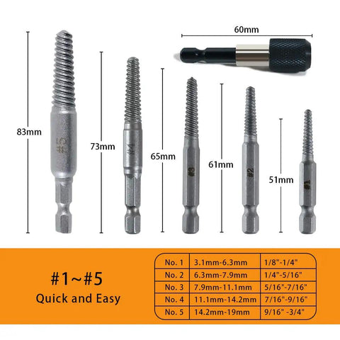Six Piece Screw Extractor Kit With Easy Out Bolt Extractors And Left Hand Drill Bits In HSS Cobalt For Stripped Screws Bolts And Studs With One Quarter Inch Adapter showing six extractors and adapter with dimensions.