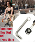 Woman biking with Tamper Resistant Seatpost Lock For Bikes With 7 Lobe Security Key And Alloy Locking Bolt beside her