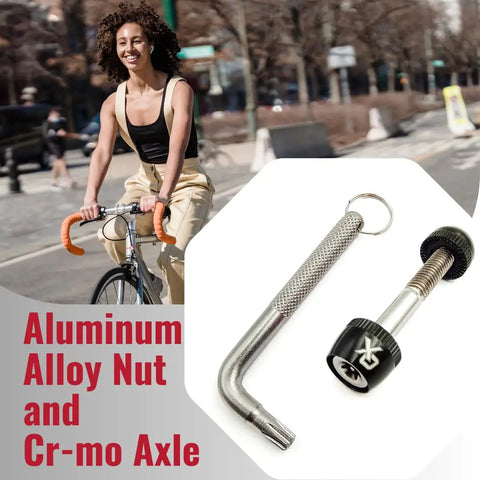 Woman biking with Tamper Resistant Seatpost Lock For Bikes With 7 Lobe Security Key And Alloy Locking Bolt beside her