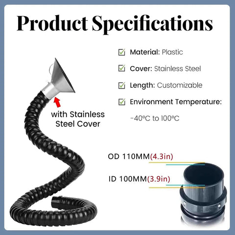 Slick Handling Fume Extraction Arm With Dust Capture Hood And Duct Hose Hardware Kit For Shop Smoke Extraction Black flexible plastic and stainless steel.