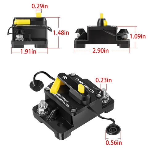 60 Amp Circuit Breaker And Trolling Motor Plug Receptacle Combo For Minn Kota Motors Waterproof Ignition Protected Stainless Steel Studs Fits 12 24 36 48V Heavy Duty Electrical Protection Kit Rock Solid, front, side, and angled views.