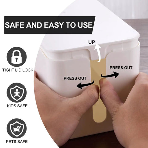 Hands using Triple Pack Wooden Grain Cable Management Boxes Set With 18-Piece Cable Management Kit showing safe lid lock in use.