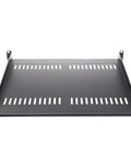 Heavy Duty 1U Server Rack Shelf Ventilated Cantilever Tray Black view showing perforated surface for airflow and mounting brackets.