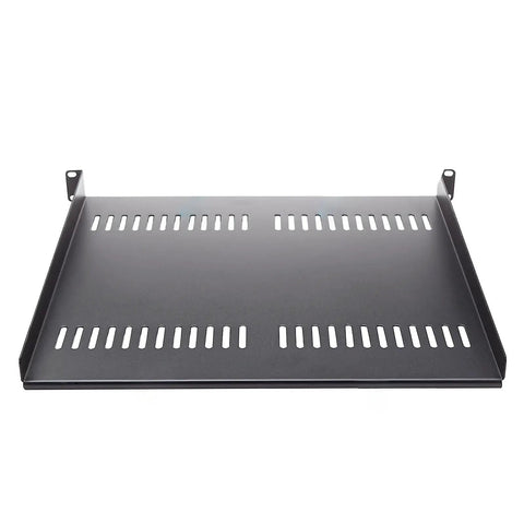 Heavy Duty 1U Server Rack Shelf Ventilated Cantilever Tray Black view showing perforated surface for airflow and mounting brackets.