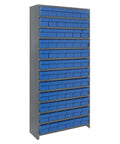Badass Heavy Duty Steel Closed Shelving Rack 75H X 36W X 24D with multiple tiers filled with 72 blue storage bins.