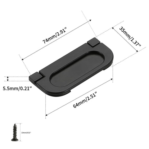 2 Pack Flush Pull Handles Black Concealed Installation Invisible Flip Drawer Pulls For Cabinets And Furniture Durable Zinc Alloy Recessed Grip with screws and measurements displayed
