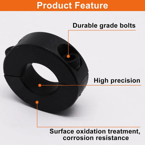 Two Piece Clamp On Shaft Collars For Industrial Machinery, Black Double Split, Three Quarters Inch Bore with annotations