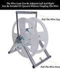 Portable Wire Spool Rack For Multiple Axle Cables, Heavy Duty Wire Dispenser And Organizer, showing wire pull directions.