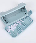 Heavy Duty Metal Two Hole Punch For A4 A5 B5 Paper shown open with chip tray filled, blue, 10 sheet capacity, office workhorse.