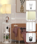 Solid Wood Shelf Floor Lamp With 2 Charging Ports And 1 Power Outlet, shown with beech wood shelves in living room, white finish.