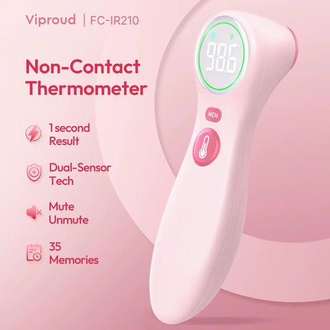 No Touch Infrared Thermometer For Kids And Adults With One Second Reading Pink Non Contact Medical Thermometer Hospital Grade Accuracy Quick Temp Check For The Whole Family pink handheld infrared thermometer with display, buttons, and memory function