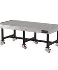 Heavy Duty Mobile Welding Fixture Table With Precision Hole Grid And Smooth Swivel Casters Solid Steel Fabrication Workbench 96 By 48 Inches, featuring black frame and caster wheels.