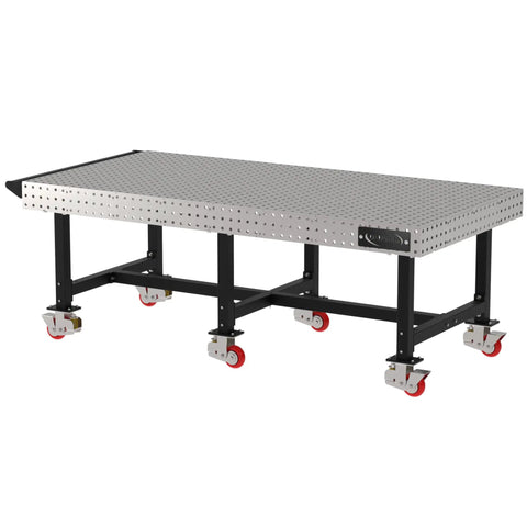 Heavy Duty Mobile Welding Fixture Table With Precision Hole Grid And Smooth Swivel Casters Solid Steel Fabrication Workbench 96 By 48 Inches, featuring black frame and caster wheels.