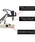 Beilockery 220V Vertical Electric Tapping Machine M3 M16 With Touch Screen 600W Motor showing handle, planetary reducer, and heat dissipation features.