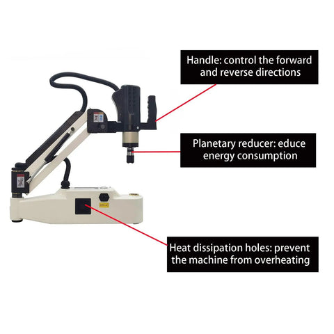 Beilockery 220V Vertical Electric Tapping Machine M3 M16 With Touch Screen 600W Motor showing handle, planetary reducer, and heat dissipation features.