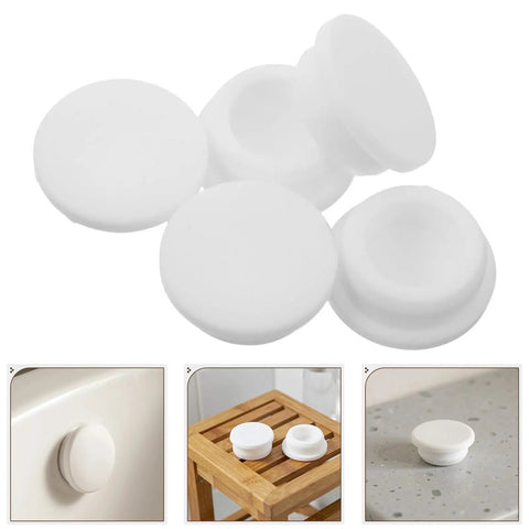 Silicone Bathtub Seal Plug for 30-31mm White 5pcs Round Openings shown from various angles on different surfaces.
