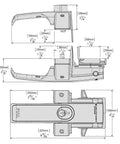 Dimensions and technical drawing of Dual Sided Lockable Magnetic Gate Latch Matte Black for wood, metal, vinyl fence posts.