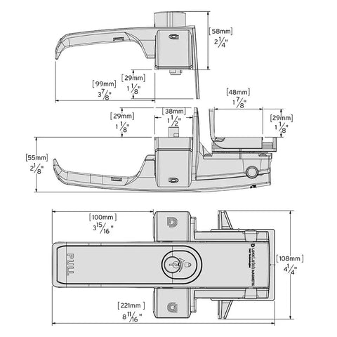 Dimensions and technical drawing of Dual Sided Lockable Magnetic Gate Latch Matte Black for wood, metal, vinyl fence posts.