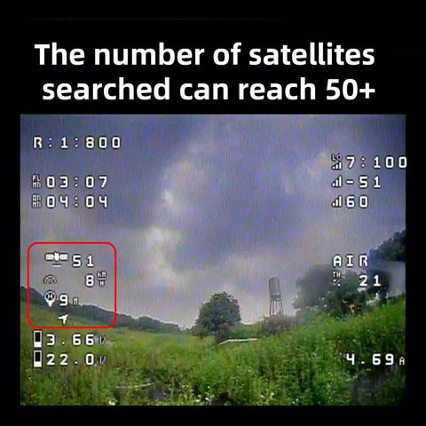 FPV screen showing M100 Pro GPS QMC5883L Compass With 10th Generation Chip For FPV Fixed-Wing UAV, 51 satellites detected