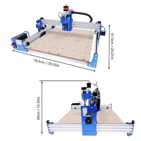 Pro Level 3 Axis 4040 CNC Router Engraver Machine With 75W spindle, 74.5cm size, blue aluminum frame for DIY woodworking.