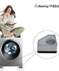 Anti-vibration pads for washing machine: four gray feet visible; close-up shows square grid pad.