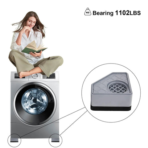 Anti-vibration pads for washing machine: four gray feet visible; close-up shows square grid pad.