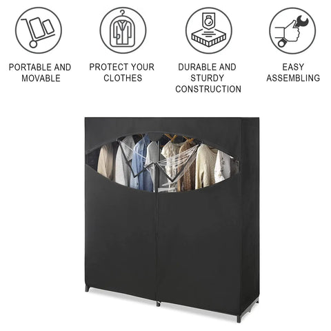 Grab-And-Go Portable Wardrobe Closet Organizer with hanging clothes, black fabric cover, 60L x 19.5W x 64H, no tool assembly.