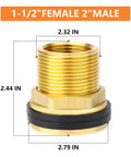 Brass 1-1/2 Inch Female To 2 Inch Male Bulkhead Tank Connector Fitting With Rubber Ring for water tanks, close-up view.
