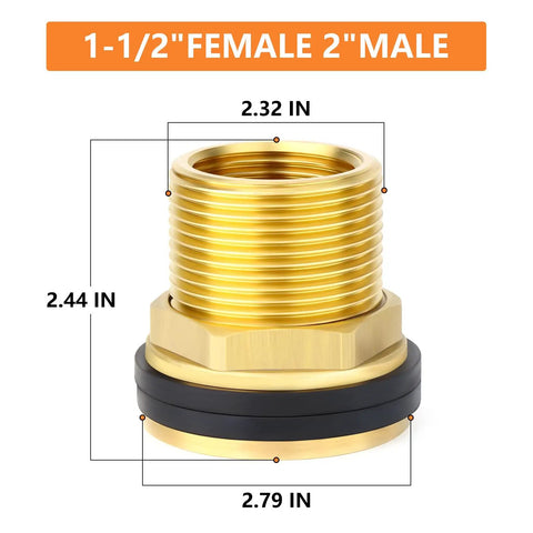 Brass 1-1/2 Inch Female To 2 Inch Male Bulkhead Tank Connector Fitting With Rubber Ring for water tanks, close-up view.
