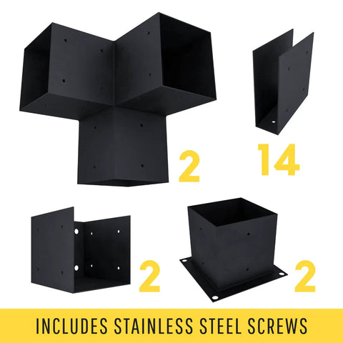 Attached Pergola Bracket Kit With Roof Rafters For 6x6 Posts And 2x6 Beams, Heavy Duty Powder Coated Steel Hardware Components