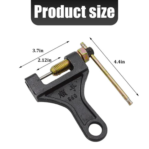 Heavy Duty Motorcycle Chain Breaker Tool For Removing Links 420 428 520 525 528 530 Chains Universal, dimensions labeled