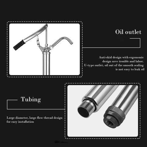 Heavy Duty Manual Oil Drum Pump With Ergonomic Handle For High Pressure Transfer And Effortless Sump Cleaning, showing oil outlet and tubing details.
