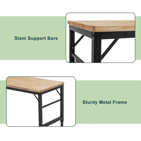 Heavy Duty Adjustable Height Workbench With Built In Power Outlets And Solid Rubber Wood Top Rock Solid Two Thousand Pound Capacity Garage Beast, slant support bars and sturdy metal frame.