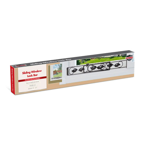 Sliding Glass Window Security Bar Set Of 2 Adjustable Size Black Extra Home Security Beyond Locks Durable Iron Construction Easy To Install Decorative Leaf Pattern For Maximum Window Protection packaging with design detail.