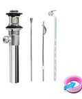 Heavy Duty Bathroom Sink Drain Stopper Assembly With Lift Rod And Overflow In Chrome Finish with components.