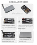 Installation steps for Dual M.2 NVMe SSD Enclosure With Hella Fast 20 Gbps USB 3.2 Gen 2X2 Interface showing SSD insertion.