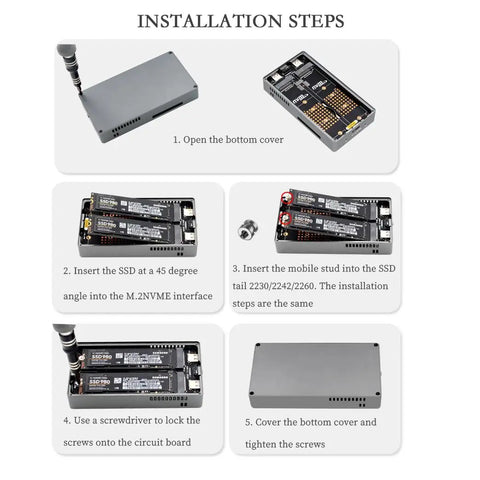 Installation steps for Dual M.2 NVMe SSD Enclosure With Hella Fast 20 Gbps USB 3.2 Gen 2X2 Interface showing SSD insertion.