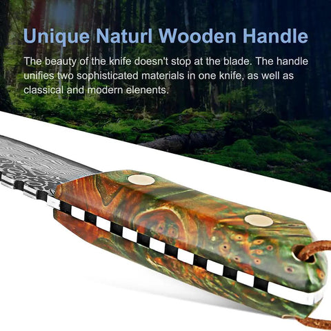 Unique natural wooden handle of Beast Damascus Steel Survival Knife With Leather Sheath Fixed Blade Hunting Skinner Knife