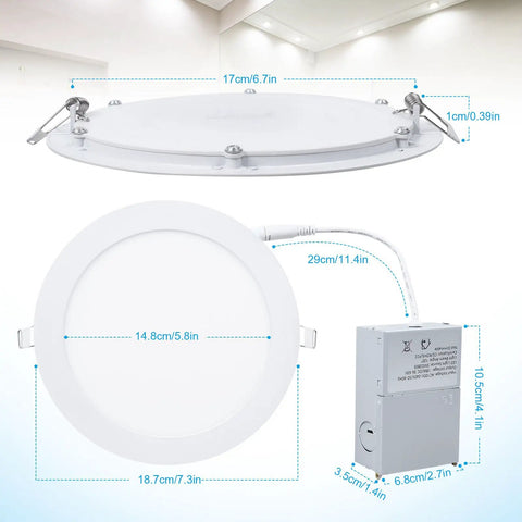 Ultra Thin 7 Inch LED Recessed Ceiling Light With Junction Box 3000K Warm White 18W Panel Can Lights Downlight 1500 Lumens High Brightness No Brainer Install 6 Pack