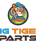 Cartoon tiger mascot with wrench, logo for Big Tiger Parts, colorful design promoting automotive parts.