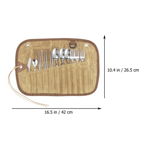 Trail Ready Stainless Steel Camping Utensil Kit With Spoon Fork Chopsticks, Portable Travel Flatware in rolled-up case showing size