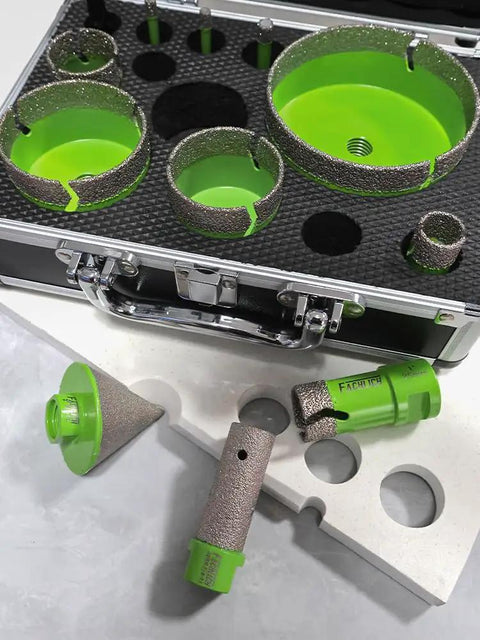 Porcelain Tile Diamond Core Drill Bit Set And Hole Saw Kit, 12 piece with diamond finger bit and chamfer bevel bits in case.