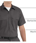 Straight Up Built Tough Mens Charcoal Utility Work Shirt Featuring Seven Button Front Soil Release Cotton Blend Bartacked Pencil Slot Ready For The Daily Grind, showcasing short sleeves and front pockets.