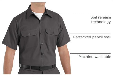 Straight Up Built Tough Mens Charcoal Utility Work Shirt Featuring Seven Button Front Soil Release Cotton Blend Bartacked Pencil Slot Ready For The Daily Grind, showcasing short sleeves and front pockets.