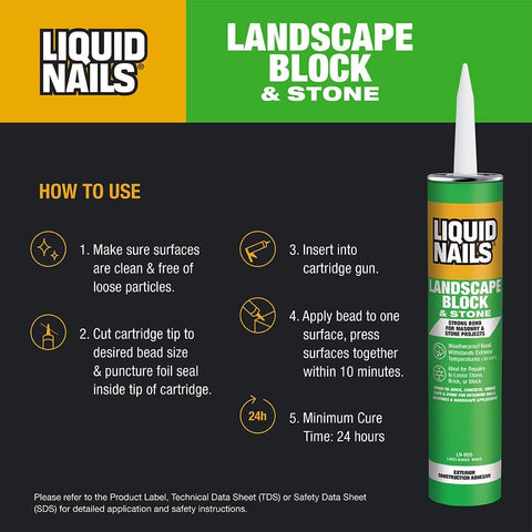LN-905 Landscape Block Adhesive Low VOC 10 Oz Cartridge for Retaining Walls and Stonework, how-to-use instructions on packaging