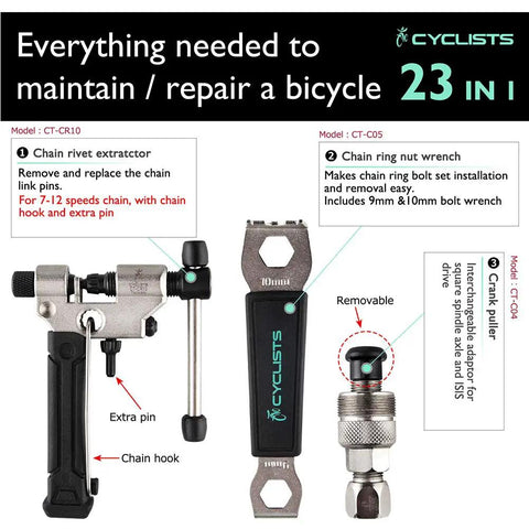 All In One 23 Piece Bike Tool Kit With Durable Storage Case For Home Maintenance And On The Go Repairs For Mountain And Road Bikes A Comprehensive Bicycle Repair Tools Set includes chain rivet extractor and nut wrench