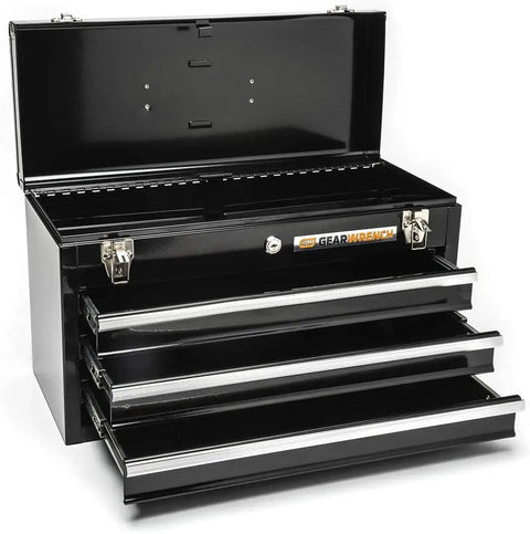 Three Drawer Steel Toolbox With Keyed Center Lock Black Powder Coat That Resists Rust 20 Inch Tool Box With Ball Bearing Slides open
