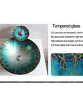 USZWBY Blue and Gold Pattern Tempered Glass Vessel Sink for Bathroom Countertop Basin, round shape with gold accents.