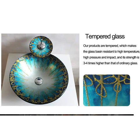 USZWBY Blue and Gold Pattern Tempered Glass Vessel Sink for Bathroom Countertop Basin, round shape with gold accents.